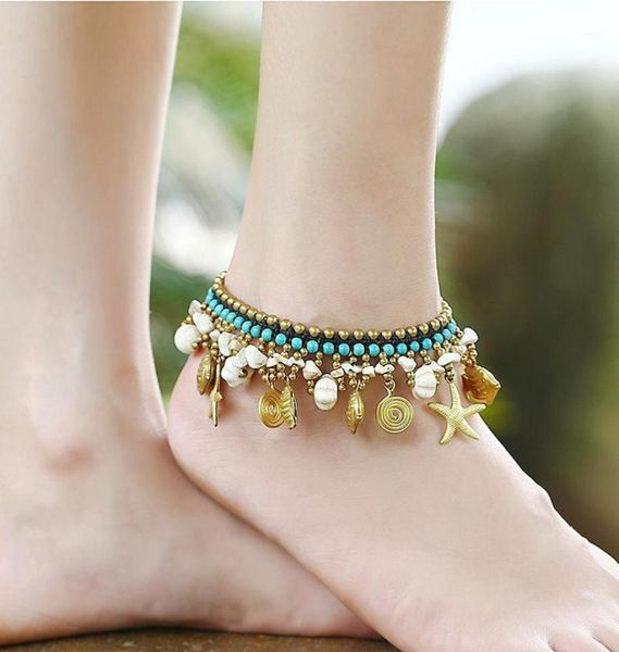 Tornozeleiras perna para mulheres tornozelo pulseira artesanal cobre frisado pedras sino mulher tornozeleira feminino pé jóias concha peixe starfish5402142