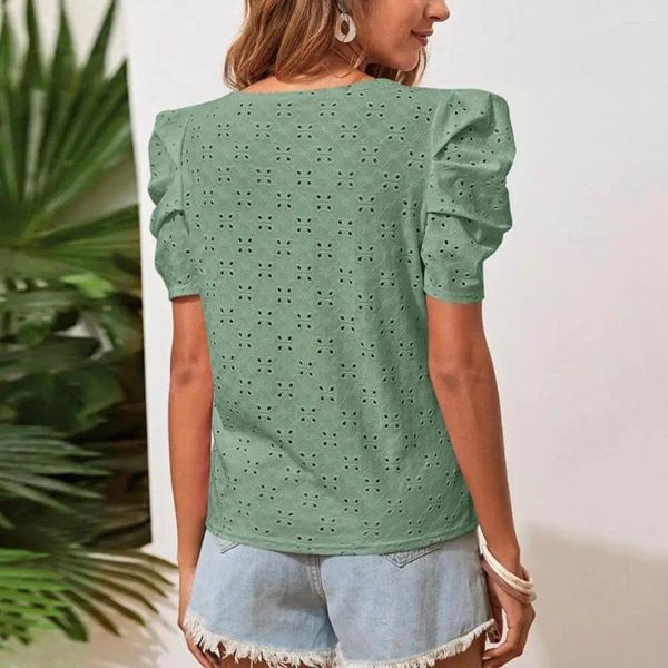 Blusas femininas casual camiseta elegante o pescoço blusa plissada respirável macio moda verão topo com mangas curtas de bolha
