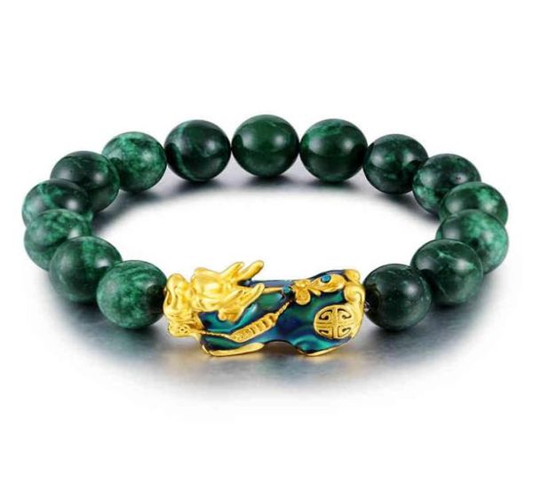 Wholale natural verde jade pedra contas mudança de cor charme piyao mulheres homens boa sorte riqueza feng shui pixiu pulseira9889653