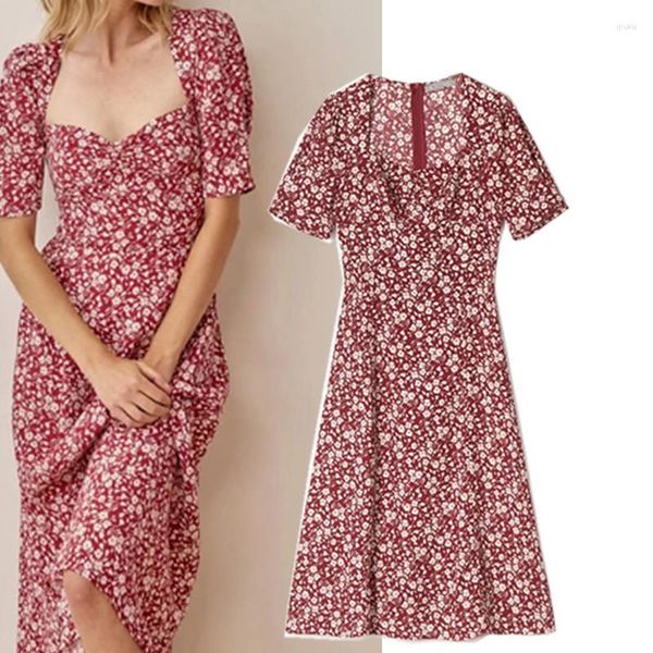 Vestidos casuais francês retro curto elegante floral colarinho quadrado bolha vestido magro olhando quebrar branco saia de comprimento médio