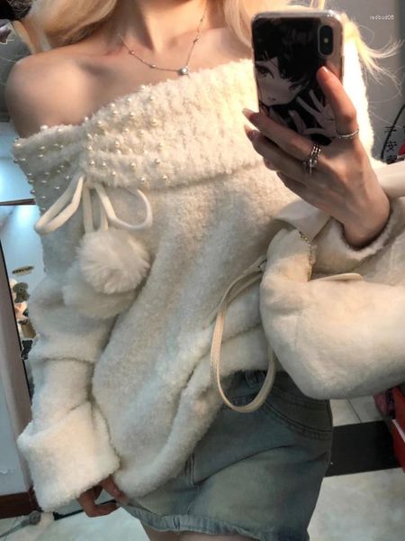 Kadın Sweaters Harajuku Y2K Seksi Örgü Kadın Omuz Kapalı Omuz İnci Peluş Top Tatlı Sakatlar Famele Uzun Kollar Günlük Tops 2024