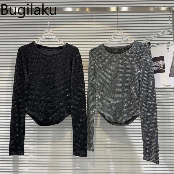 Magliette da donna Bugilaku Streetwear Moda Bling Magliette Donna O-Collo Manica lunga Tinta unita Donna Seta brillante Top da donna All-match