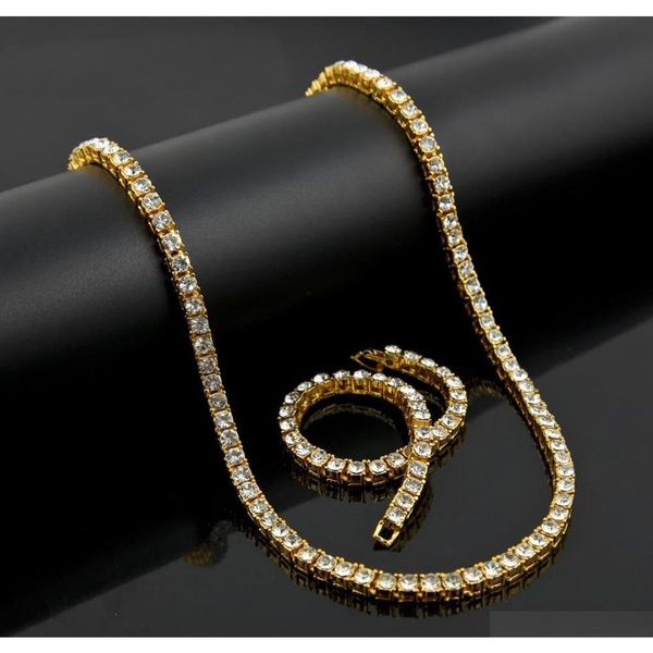 Collana da uomo in oro argento nero simulato con diamanti Hiphop 1 fila di braccialetti a catena da tennis Bling Bling Faiqv288U
