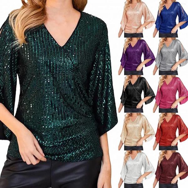 T-shirt da donna Top con paillettes da donna Manica a 3/4 Glitter Scintillante Camicetta da festa Camicia lunga da allenamento in cotone a V Esercizio Donna Stretch allentato