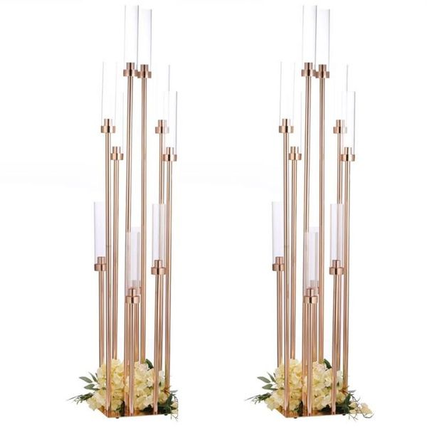 Titulares de vela 10 pcs flores vasos estrada chumbo mesa peça central ouro suporte de metal pilar castiçal para casamento candelabra243p