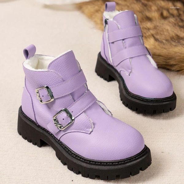 Сапоги Женские туфли на платформе в британском стиле из искусственной кожи с короткой трубкой и пряжкой на ремне, плюшевые, сохраняющие тепло, фиолетовый
