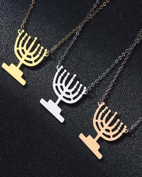 Collane con ciondolo Menorah ebraica Tatuaggio Amuleto Uomo Donna Collana Fede Shabbat Coppia in acciaio inossidabile Regalo Collare girocollo in oro Jud5832825