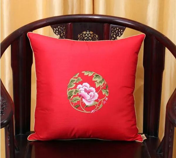 Almohada Bordado fino Flor de peonía Funda de cojín Cojines navideños Decoración para el hogar Sofá Silla Almohada lumbar Almohada de satén de seda de alta gama