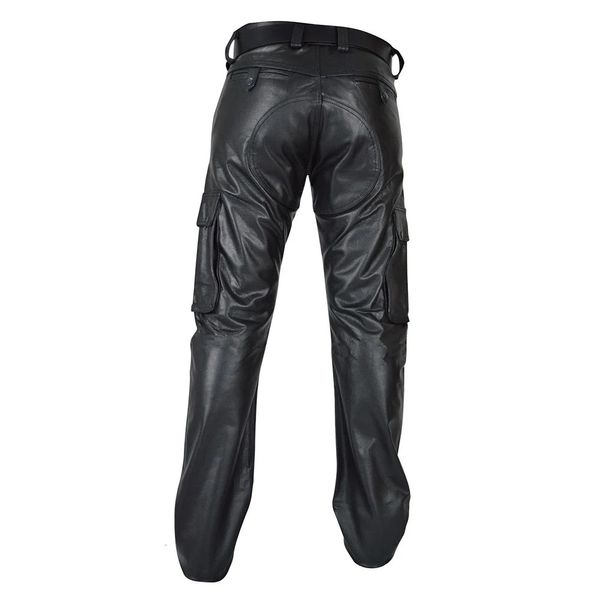 Homens punk couro do plutônio calças retas ajuste fino calças da motocicleta bonito masculino arborizado streetwear carga casual com bolso 231225