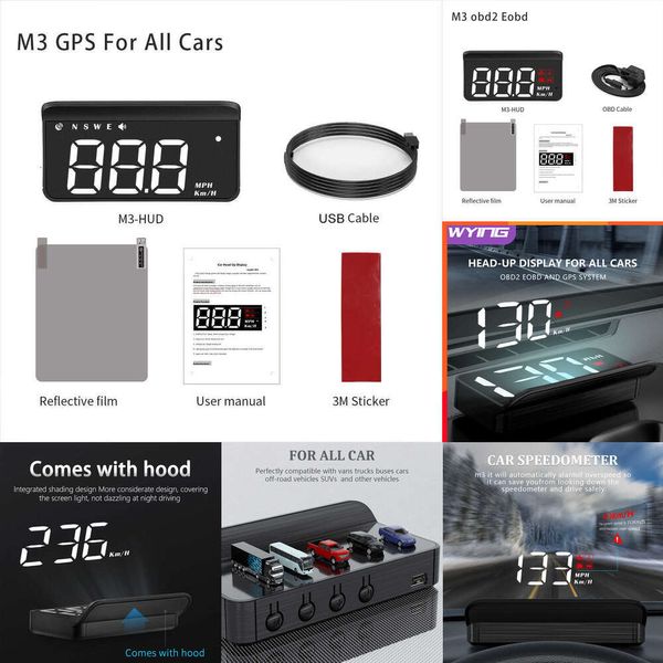 Carro nova atualização wying m3 auto obd2 gps head-up display auto eletrônica hud projetor display digital velocímetro do carro acessórios para todos os carros