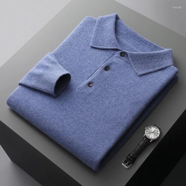 Suéteres masculinos outono e inverno lã merino gola polo pulôver favo de mel agulha camisa moda casaco de malha.