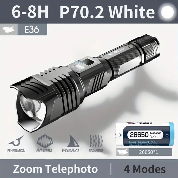 Torcia zoomabile E36, torcia super luminosa P70, torcia portatile portatile ricaricabile tramite USB, 5500mAh, per campeggio all'aperto, emergenza domestica