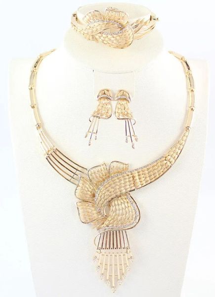 Conjuntos de joyería africana, collar llamativo, anillo, pendiente, pulsera, chapado en oro de 18 quilates, diamantes de imitación, moda para mujer, conjuntos de joyería de alta calidad