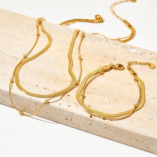 Комплект ожерелья и серег, европейская плоская цепочка из змеиной кости, двухэтажный браслет для женщин, шарики из нержавеющей стали, позолоченные, креативный