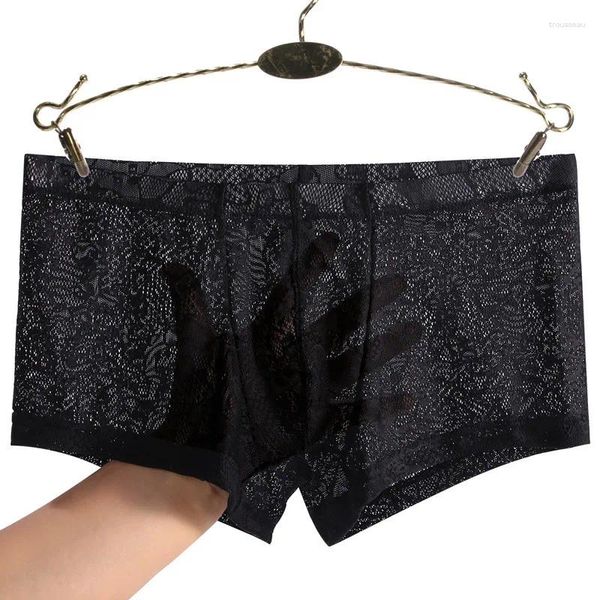 Cuecas de renda transparente boxer shorts dos homens roupa interior de seda gelo legal respirável cintura baixa sexy boxers calcinha u lingerie convexa