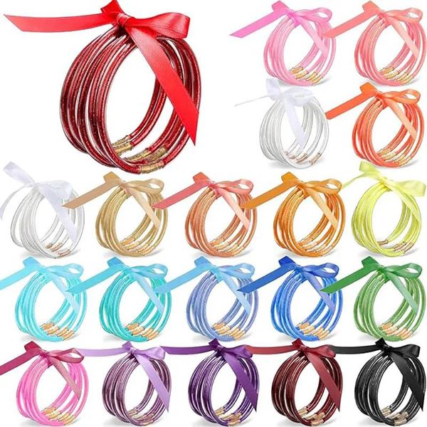 Bangle Jelly Pulseiras Set Glitter Cheio Silicone Colorido Com Laço De Fita Para Meninas Dia Dos Namorados Presente De Festa