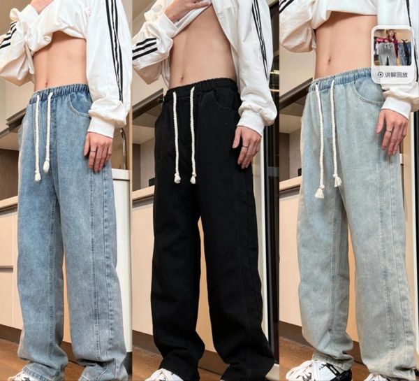 Sonbahar ve kış için erkek kot pantolonlar gevşek düz düz bacaklı Amerikan çizim dikey duyu trend moda çok yönlü genişliğinde