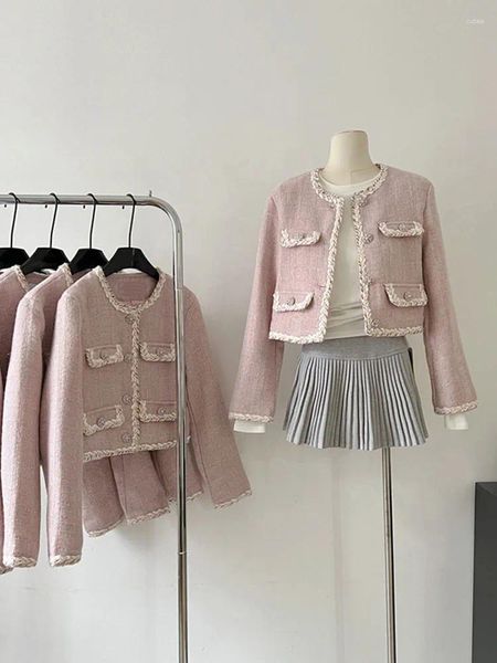 Damenjacken Design Rosa Niedliche Oberbekleidung für formelle Anlässe Herbst Winter Warmer O-Ausschnitt Luxusmantel Frauen Koreanische Bürodamen 2000er Jahre Ästhetik