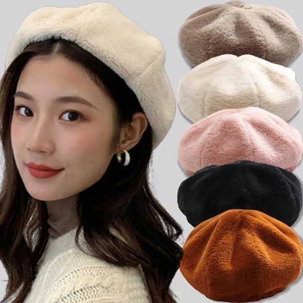 Boinas para mulher retro boina de pele outono inverno quente chapéu moda cor pura pelúcia feminino elegante pintor boné gorras