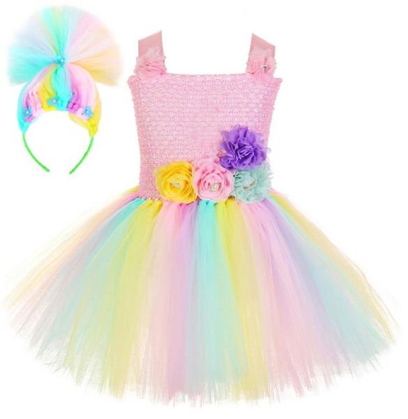 Meninas vestidos pastel trolls trajes magia fada tutu vestido com arco de cabelo crianças halloween fantasia vestidos crianças cosplay tule outf7137372