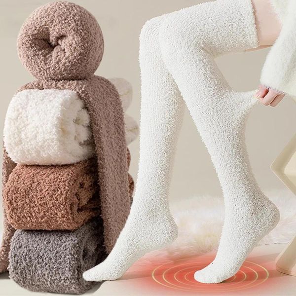 Frauen Socken Winter Warme Korallen Fleece Über-knie Hohe Für Plüsch Hause Schlafen Boden Lange Socke JK Solide Weiche oberschenkel Spaß Socke