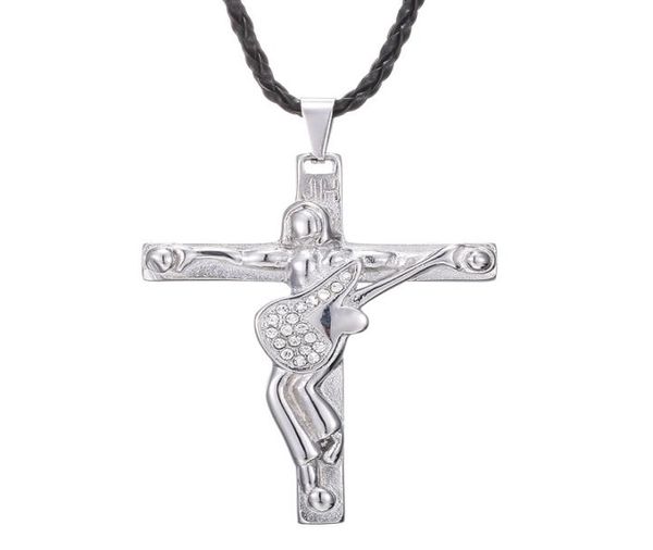 Johnny Hallyday Gitarrenanhänger Halskette Herrenschmuck 316 Edelstahl schwimmendes Medaillon Charms Christliches Kruzifix1730112