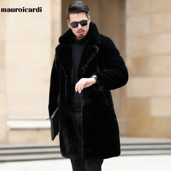 Mauroicardi зимнее длинное черное толстое теплое пушистое мягкое пальто из искусственного меха мужское с длинным рукавом с лацканами плюс размер корейская мода для мужчин 4xl 5xl 231226