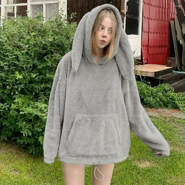 Damen-Kapuzenpullover, langärmelig, einfarbig, mit Ohren, Plüsch, Winter, dicker Kapuzenpullover mit Vordertasche, lang