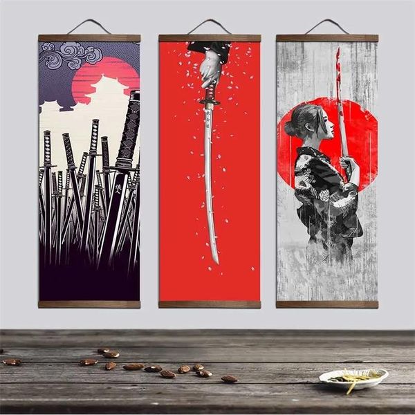 Artigianato Samurai giapponese Ukiyoe per tela Poster e stampe Decorazione Pittura Arte della parete Decorazioni per la casa con rotolo sospeso in legno massello 21102