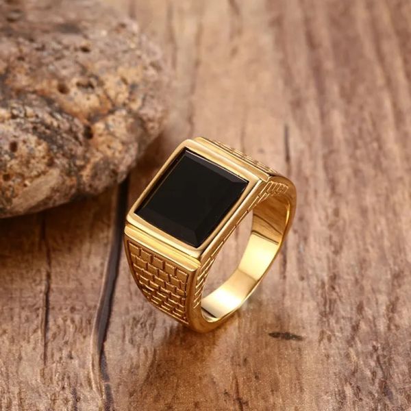 Herren-Siegelring aus schwarzem Stein, stilvoller Statement-Ring aus 14-karätigem Gelbgold in goldener Farbe, Weihnachtsgeschenke für Ehemann und Vater