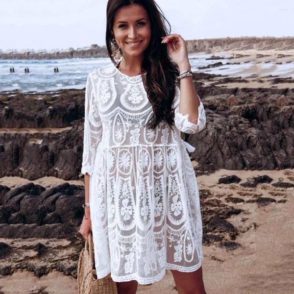 Mulheres Swimwear Plus Size Cover Up para Mulheres Oco Backless Smock Bordado Beach Outing Lace Meninas Natação Terno Branco Ups