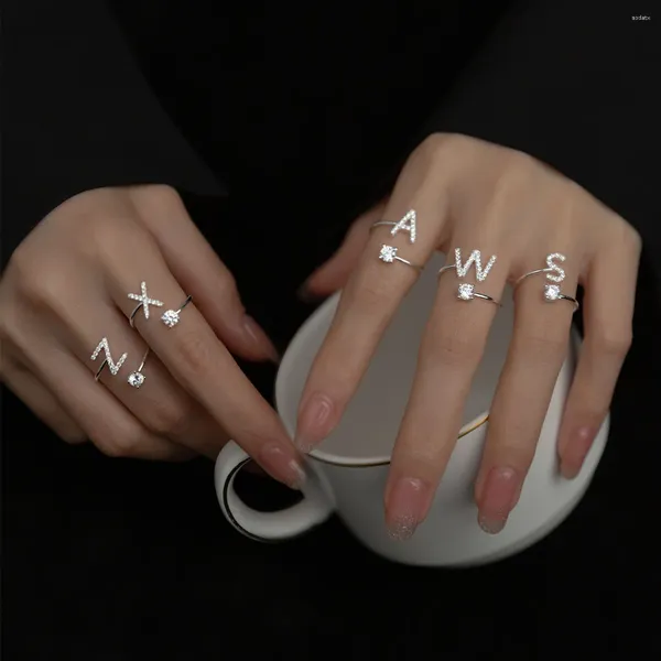 Cluster-Ringe, 925er-Sterlingsilber, Buchstabenring für Damen und Mädchen, stapelbares Alphabet mit verstellbarem Kristall-Intarsien, Brautjungfern-Geschenk