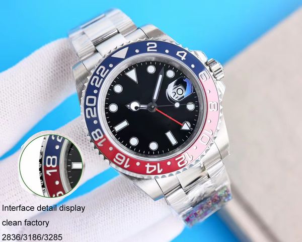 Erkekler yüksek kaliteli lüks saat 904l kasa temiz fabrika üst 2836/3186/3285 erkek izle Otomatik Mekanik Hareket 1: 1 İzle GMT Standart Time 40mm kutu ile