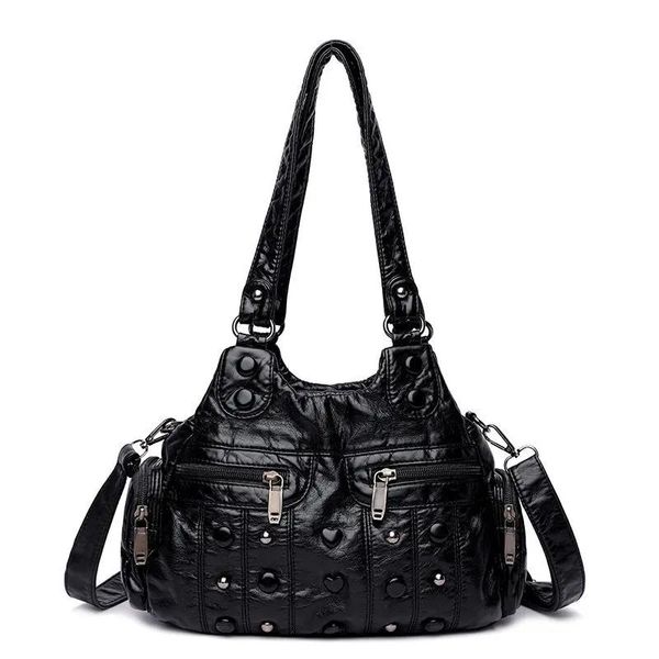 Bolsas de ombro de couro PU PU Para mulheres lavadas bolsas de moda angustiada Rivet sacos vintage 2020 Novo pacote feminino Black Hobos