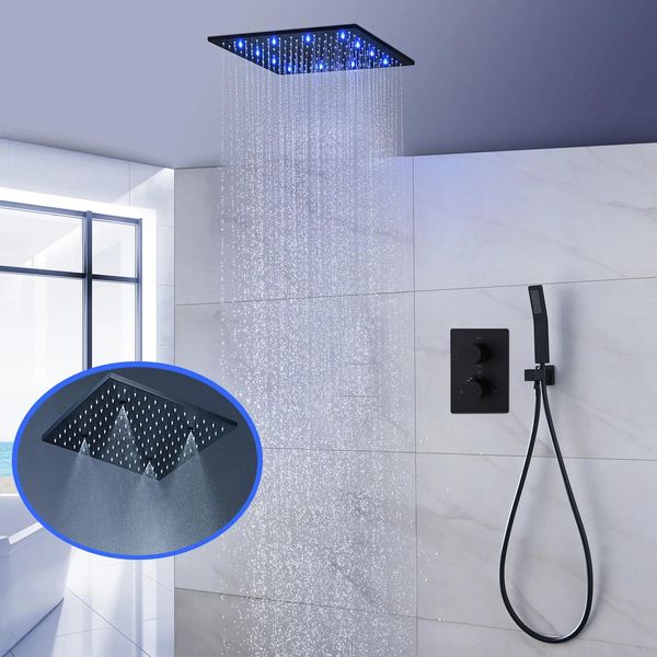 Set Bagno Nero Sistema Doccia 16 pollici/20 pollici Soffitto SPA Nebbia Soffione a pioggia Pannello Miscelatore termostatico a 3 vie Rubinetto doccia a LED