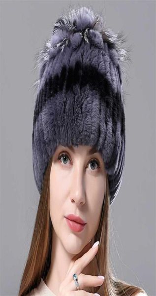 Chapéu de pele real de inverno russo, boné quente natural de coelho rex para mulheres, chapéus geunine de malha 100 21122216901398201170