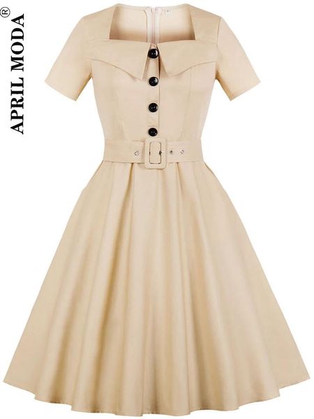 Vestidos Hepburn Estilo Retro Vintage Casual Rockabilly Vestido com Cinto Manga Curta Botão Frente Sólida 50s 60s Swing Jurk Roupas Femininas