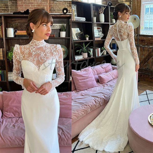 Boho Gatsby Denizkızı Gelinlik İllüzyon Dantel Yüksek Boyun Plaj Gelin Elbise 2024 Süpürme Tren Ülke Tarzı Uzun Kollu Prenses Gelin Gowns Vestidos De Novia Chic