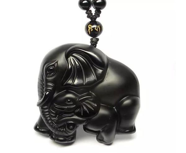 2019 Jahr natürlicher Obsidianstein Handgeschnitzter Elefant Glücksbringer Anhänger1610377