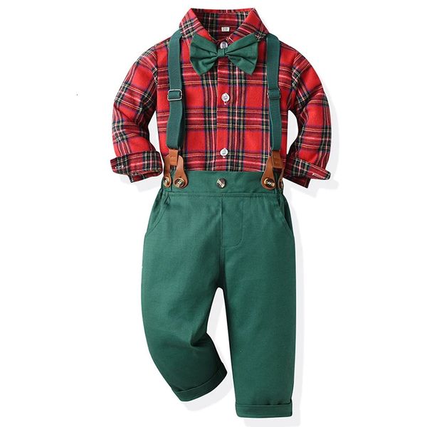 Set da ragazzo Natale per bambini Abito da uomo a maniche lunghe Camicia scozzese Autunno Inverno Pantaloni con cinturino verde Kid Boutique Outfit 231225