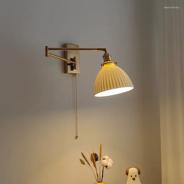 Lâmpadas de parede Nordic Modern LED Sconce Esquerda Direita Girar Pull Chain Switch Quarto Restaurante Bar Ao lado da lâmpada Cerâmica Stair Light