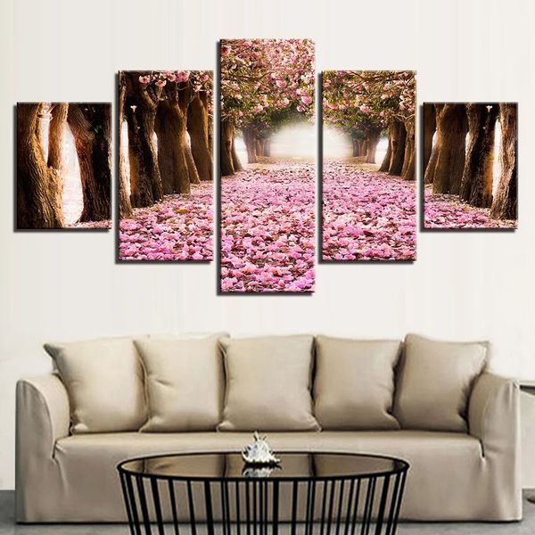 5 peças flores de cerejeira floresta caminho modular lona arte de parede fotos hd impressões pintura decoração de casa flores árvores natureza poster 231225