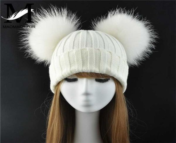 Gorro de invierno con bola de piel auténtica para mujer y gorros con pompón de mapache Natural doble y 2 pompones 2112295093192