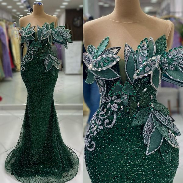 Vestidos de noite elegantes verde caçador, decote transparente, lantejoulas, rendas feitas à mão, cristais, vestidos formais de baile para ocasiões especiais, vestidos de festa de aniversário AM269