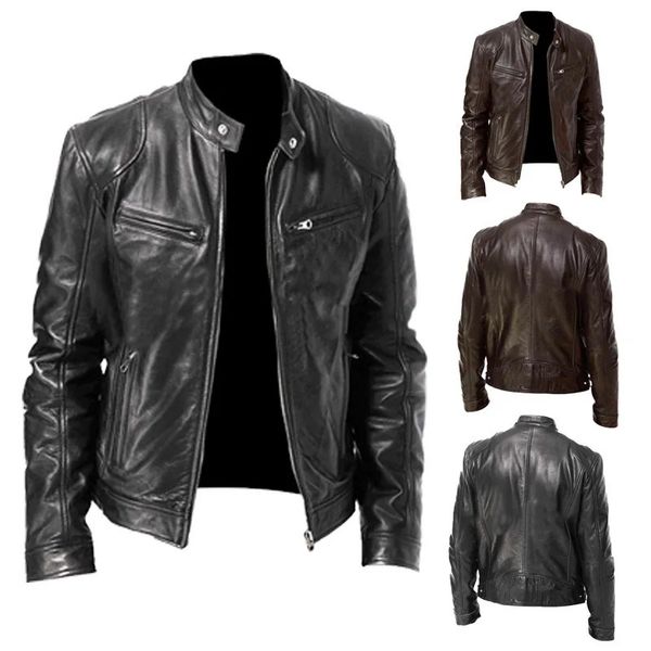 Mode Herren Lederjacke Slim Fit Stehkragen PU Männlich Anti-Wind Motorrad Revers Diagonal Reißverschluss S Männer 231226