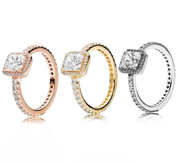 Gül Altın Square Sparkle Halo Yüzüğü P için Orijinal Kutu ile PROST STERLING Gümüş Düğün Partisi Takı Kadınlar Kız Arkadaş Hediyesi CZ Diamond Rings7863615