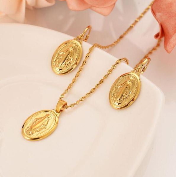 Orecchini pendenti con collana della Madre Vergine Maria Set in oro massiccio 14 carati Set regalo religioso cattolico per le donne8510937