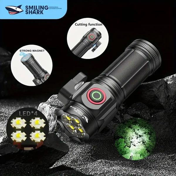 1 x leistungsstarke Taschenlampe mit 4 LEDs, tragbare Mini-Taschenlampe, wiederaufladbare USB-Taschenlampe, kleine Taschenlampe für den Haushalt, 5 Modi, Camping-Angellaterne mit Schwanzmagnet