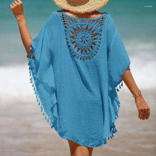 Damen-Bademode 2023 Strand-Cover-Up für Frauen, gestrickt, Sonnenblumen-Kleidung, solide Fransen-Tunika, Damen, weiß, Badeanzug-Cover-Ups, Bikini-Ups