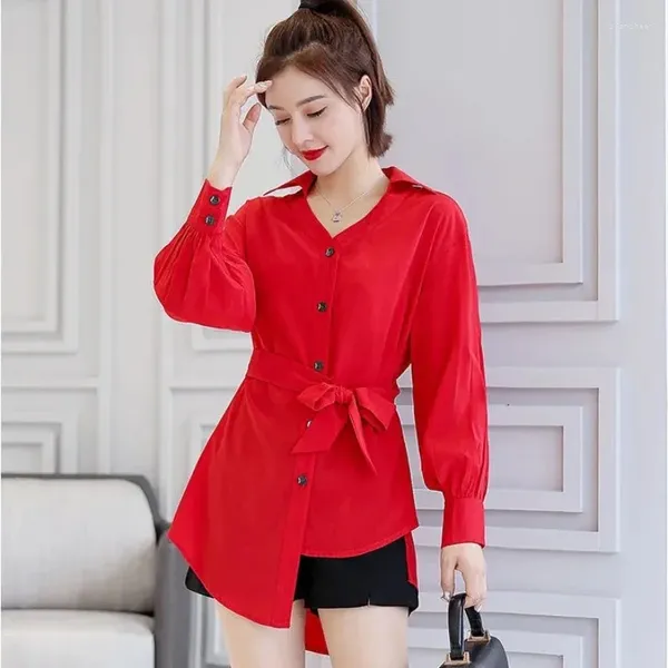 Blusas femininas moda mulher blusa 2023 camisas elegantes e decote em v meados de comprimento sexy camisa cinto chiffon roupas vermelho feminino topos